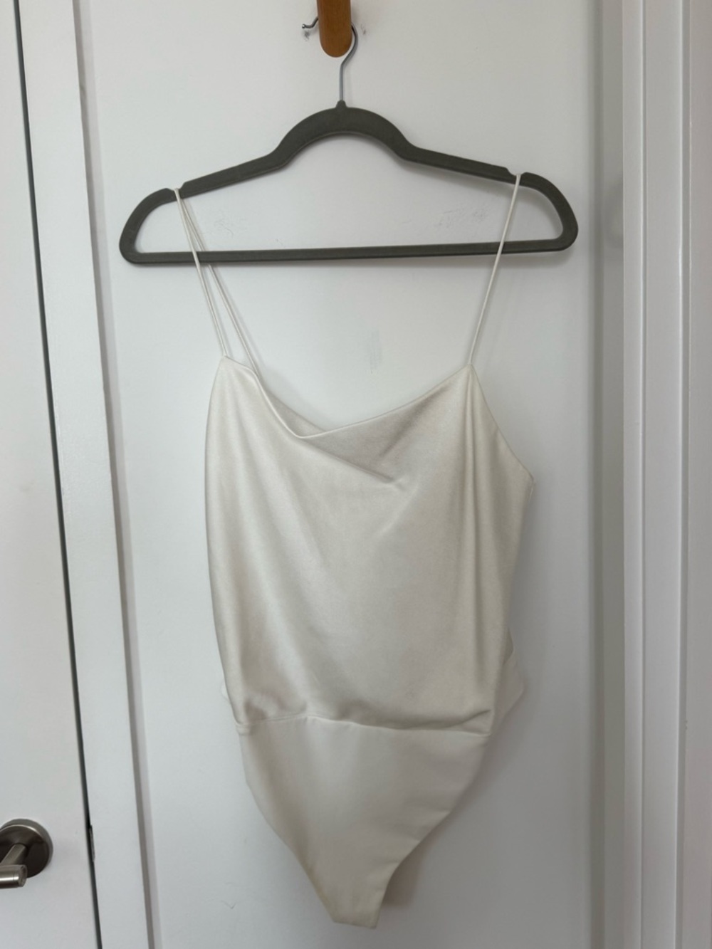 Alice + Olivia Ivory Satin Cowl Neck Spaghetti Strap Bodysuit